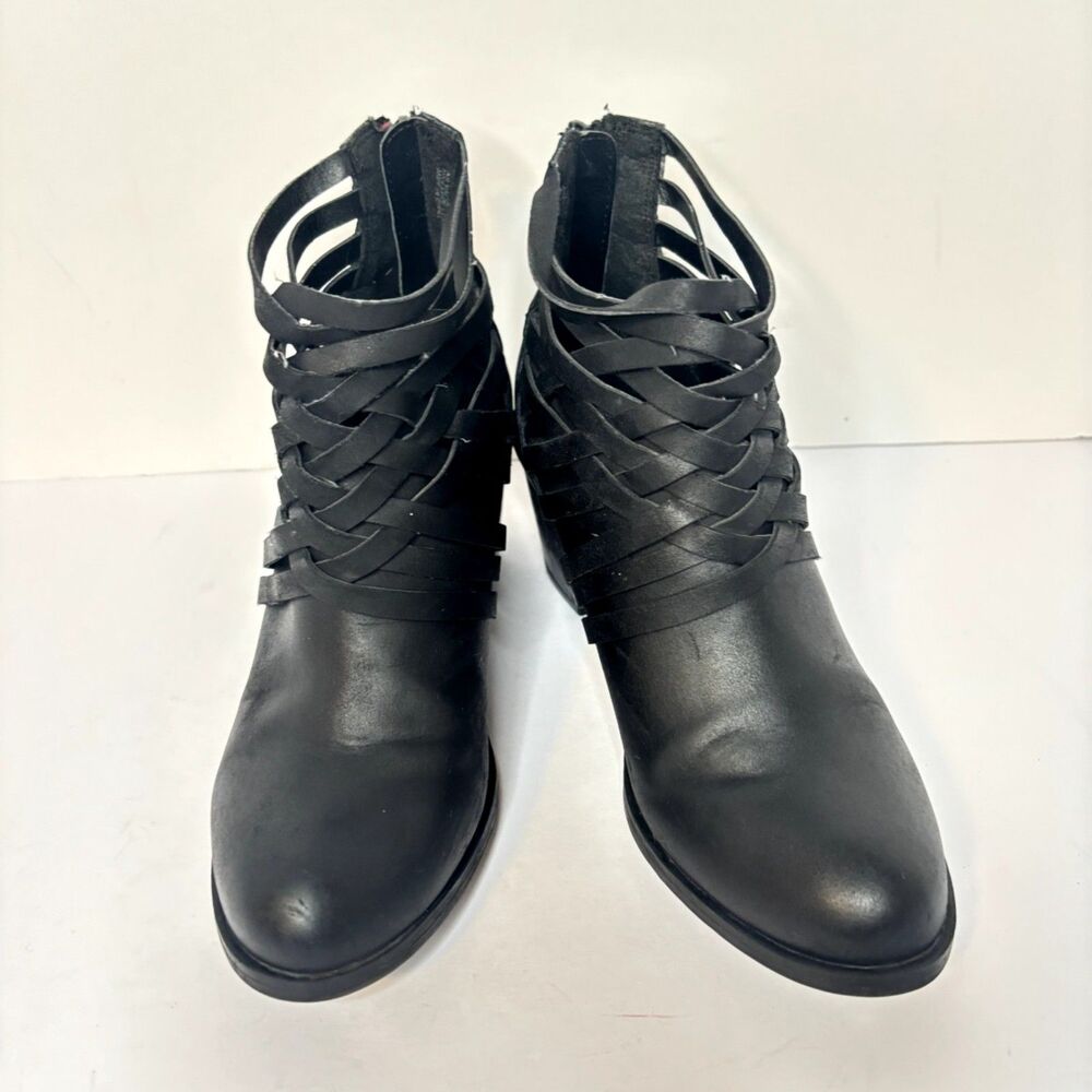 Woven Strap Ankle Boots Black Block Heel Zipper Closure Womens